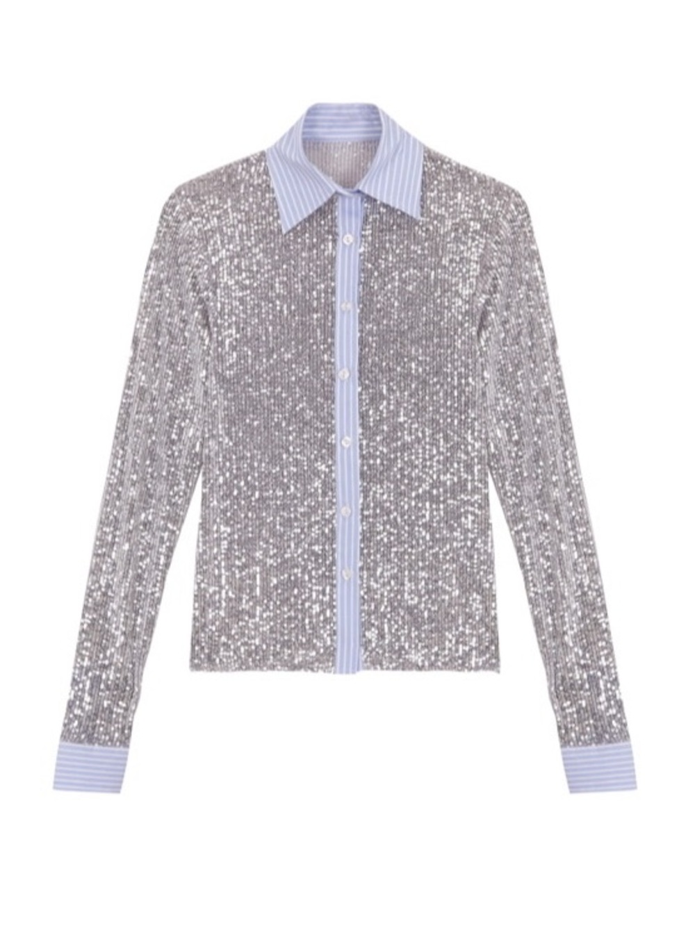 NWT Hand Over Jack’s Blouse in Silver Sequin Blue White Stripe Button Down Shirt